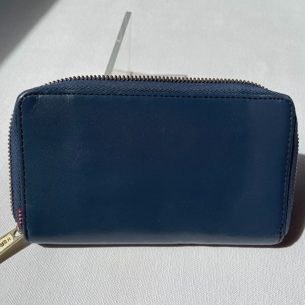 Leather Herschel Wallet, Navy Blue with red stripped interior
